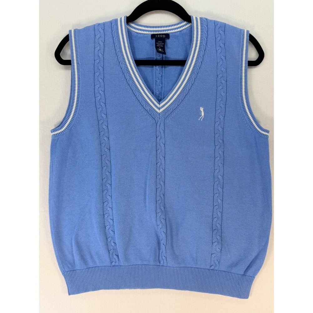 IZOD Golf Sweater Vest Womens Large Blue Cable Knit V-Neck Cotton Sleeveless